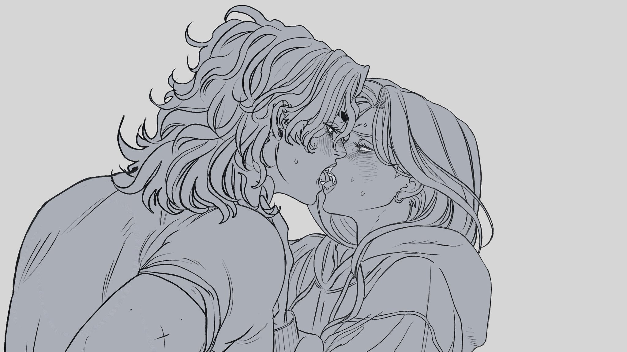 a black and white line drawing shows two people kissing passionately. the person on the left has long, wavy hair, piercings, and a mark on their forehead. they are wearing a shirt. the person on the right has long, straight hair, piercings, and is wearing a hoodie. both figures are blushing and have droplets of sweat on their faces.