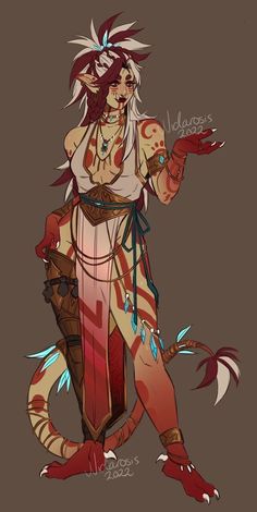 the image showcases a digital character illustration of a humanoid creature, potentially inspired by feline or reptilian features. the character is female, adorned in flowing red and white garments reminiscent of a warrior's attire. she stands confidently, showcasing intricate triballike markings on her body. her hair, a striking mix of red and white, cascades around her shoulders. she wears ornate jewelry and carries a weapon strapped to her leg, further emphasizing her warrior status. the artwork employs warm, soft lighting and presents a fullbody view of the character, slightly angled for dynamic effect.