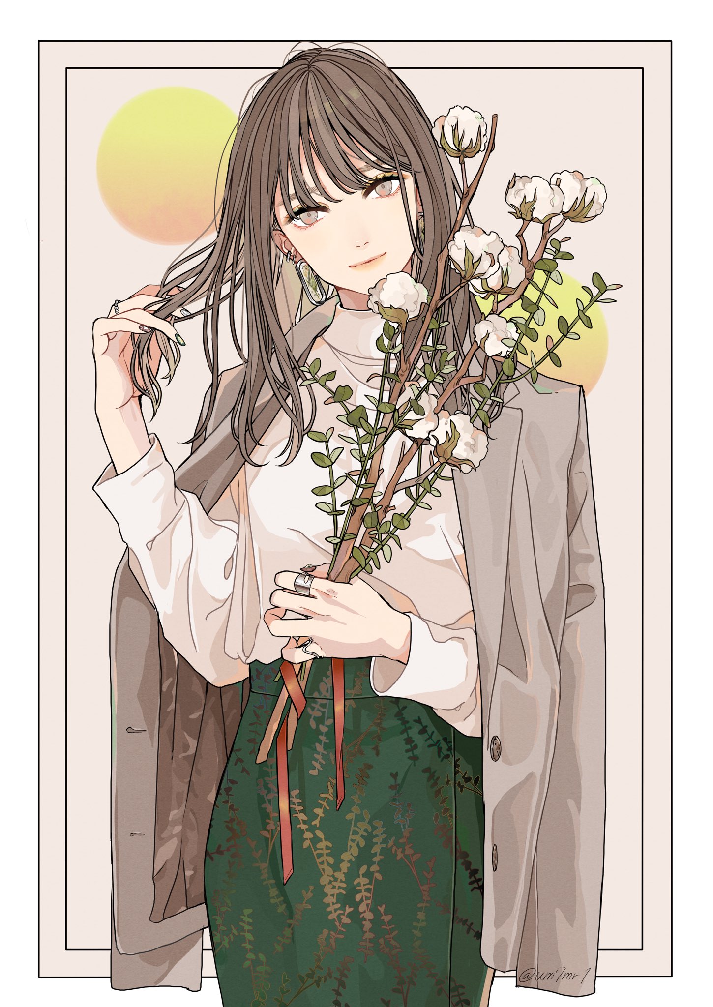 an animestyle illustration of a woman. she has long brown hair with bangs and wears earrings and rings. she is dressed in a white top, a green skirt with a leaflike pattern, and a gray blazer draped over her shoulders. she is holding a bouquet of cotton flowers. the background features two overlapping yellow circles, suggesting a window or stylized lighting. the overall style is clean and fashionable, with a focus on the character's outfit and the soft rendering of the illustration.