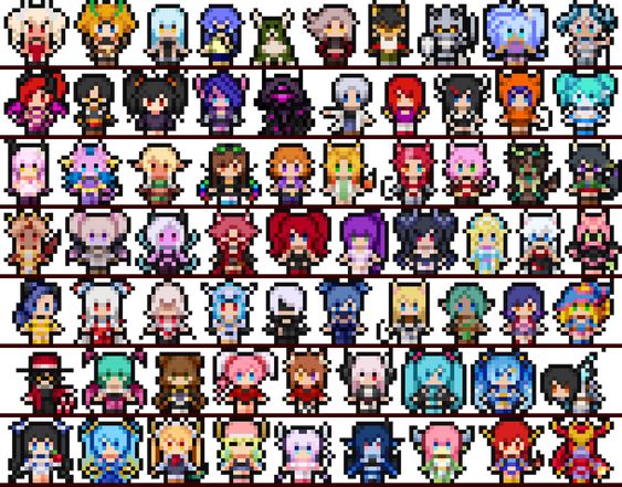 the image features a vast collection of pixel art characters, likely from a video game, arranged in a grid format. the characters, predominantly female, showcase a range of appearances, costumes, and hairstyles common in anime and manga styles.