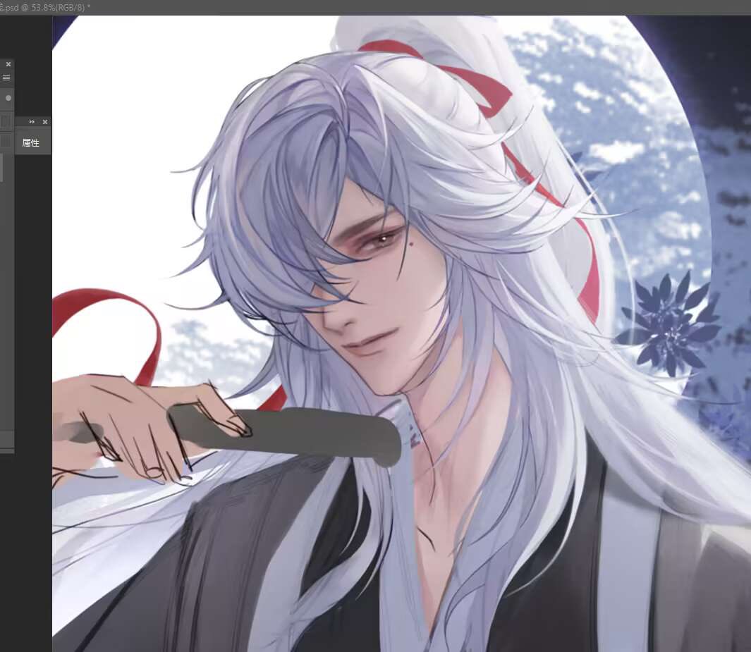 this is a beautiful anime illustration of a young man with long white hair wearing a black shirt.  he is standing with a red ribbon tied around his hair and his hand is on a gray object. the background is blue and white, with clouds and the moon in the background. the image is very ethereal and mystical. it appears to be a fantasy inspired illustration.