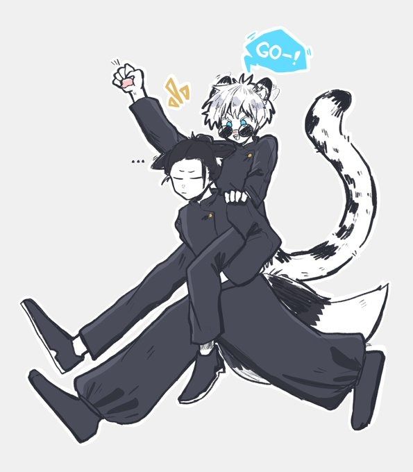 he image is a digital drawing of two animestyle boys. one boy is giving the other a piggyback ride. the boy on top has snow leopard ears and a tail, and is wearing sunglasses. the boy on the bottom is wearing a black school uniform. they appear to be running or jumping, and the words "go!" are written in a speech bubble next to the snow leopard boy. the art style is loose and expressive, with a focus on movement and energy.