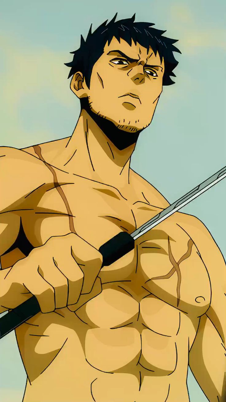 a closeup portrait of an anime character with a determined expression. he is muscular and holding a large sword. the background is a blurry, light blue color.