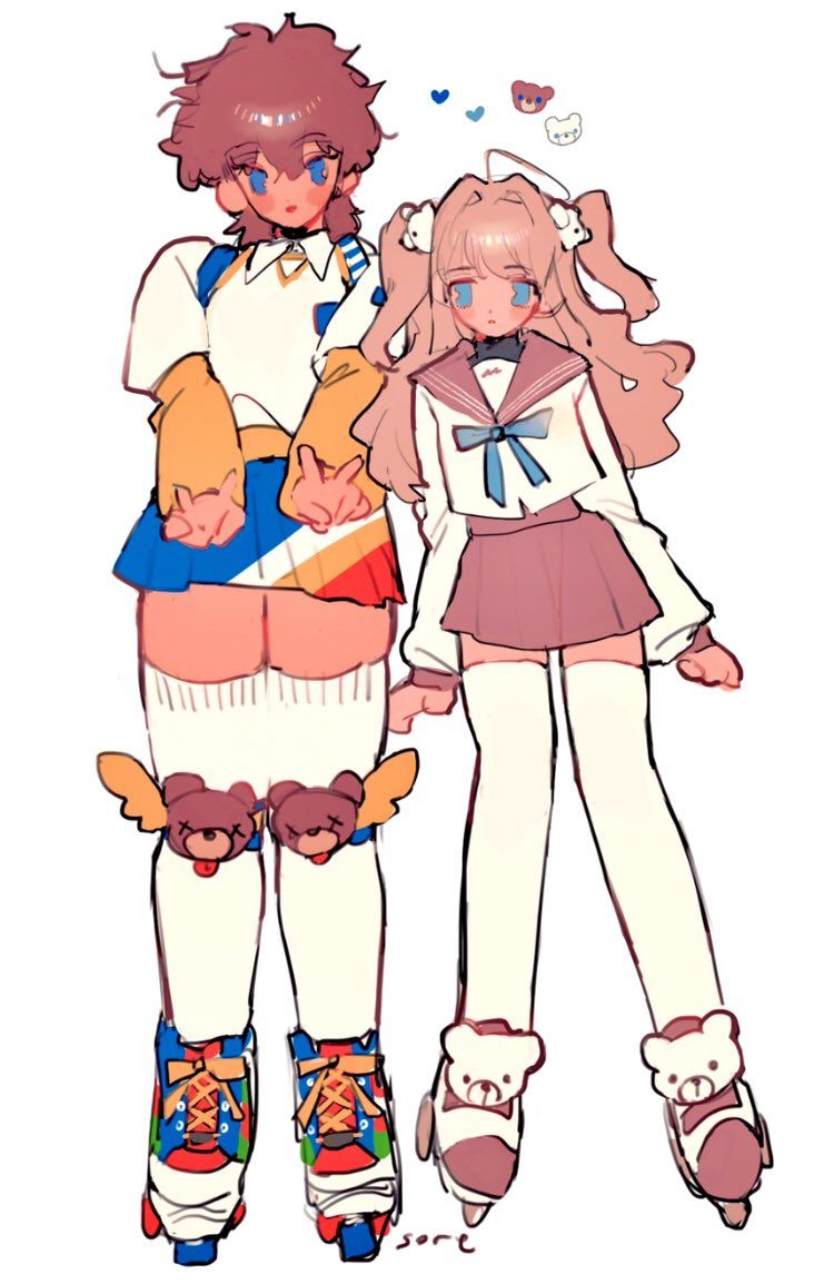 two cartoon girls, one wearing a blue and yellow outfit and the other wearing a white and pink outfit, are smiling and roller skating. they are both wearing bearthemed roller skates. the girl in the yellow and blue outfit is wearing white socks with teddy bear designs on the knees. the girl in the pink outfit has teddy bear designs on the front of her roller skates. the background is white.
