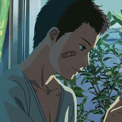 a young anime boy with dark brown hair and pale skin is shown in profile. he is wearing a white shirt. he is looking down and holding a glass mug in his hand, as though he is drinking coffee or tea. he appears pensive and thoughtful. he is sitting near a window with green plants growing outside. the image is set in a room, and it looks like a still from an animated film.