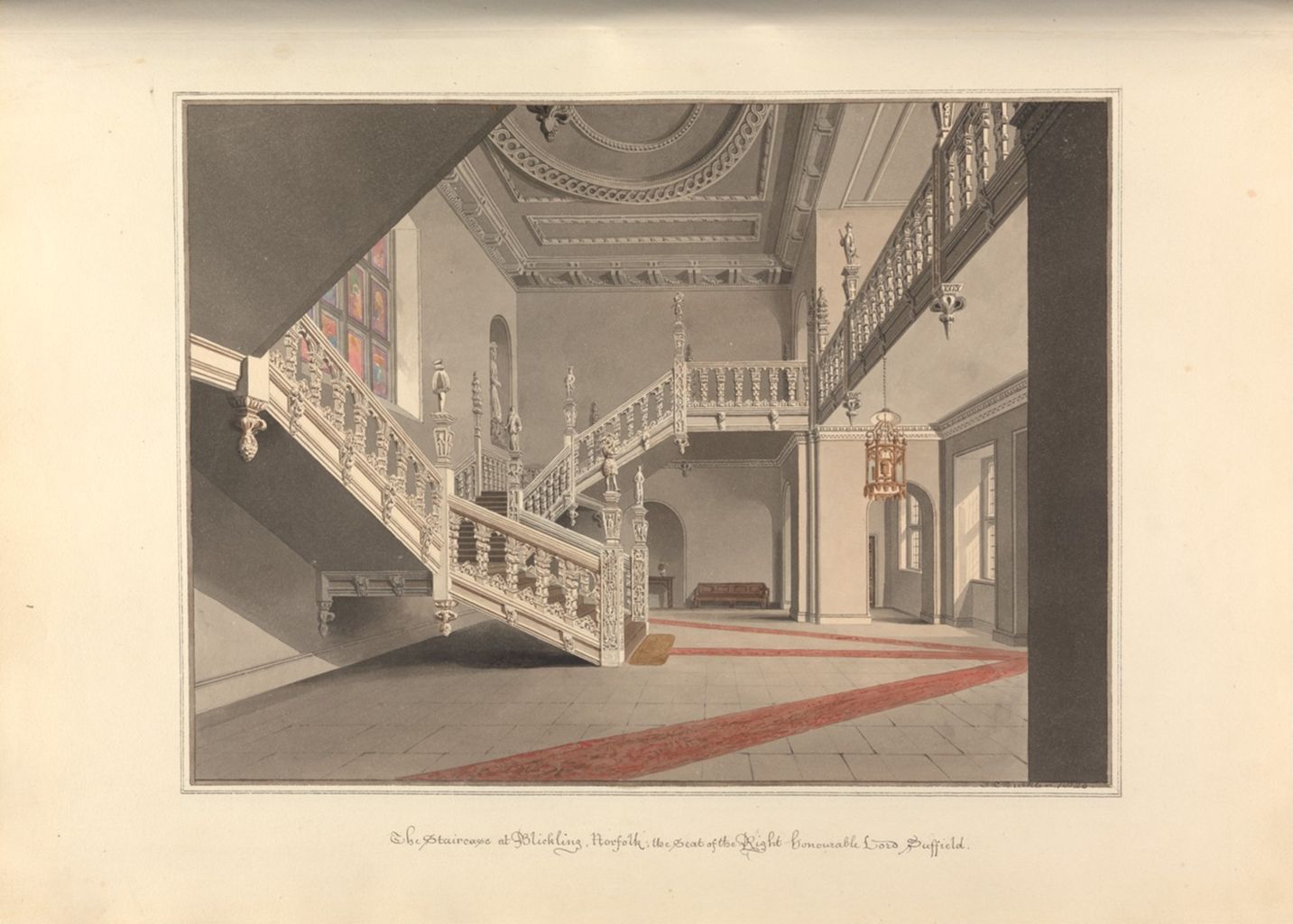 interior view of a staircase in a grand hall, possibly blicling hall in norfolk. the scene depicts a large, ornate staircase with decorative balusters, leading up to a gallery. the architecture features high ceilings with detailed moldings, arched windows, and decorative sculptures. the floor is covered with a red runner, and there is a chandelier hanging from the ceiling. the scene is rendered in muted colors, giving it a historical feel.