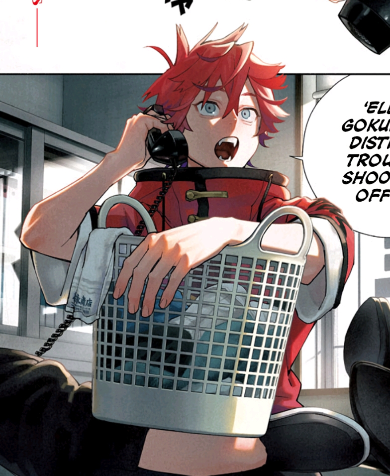 a manga or anime style drawing of a young man with bright red hair and blue eyes, wearing a red jacket with gold trim, holding a black rotary phone to his ear and a gray laundry basket filled with laundry. he appears surprised with his mouth open and showing one canine tooth.