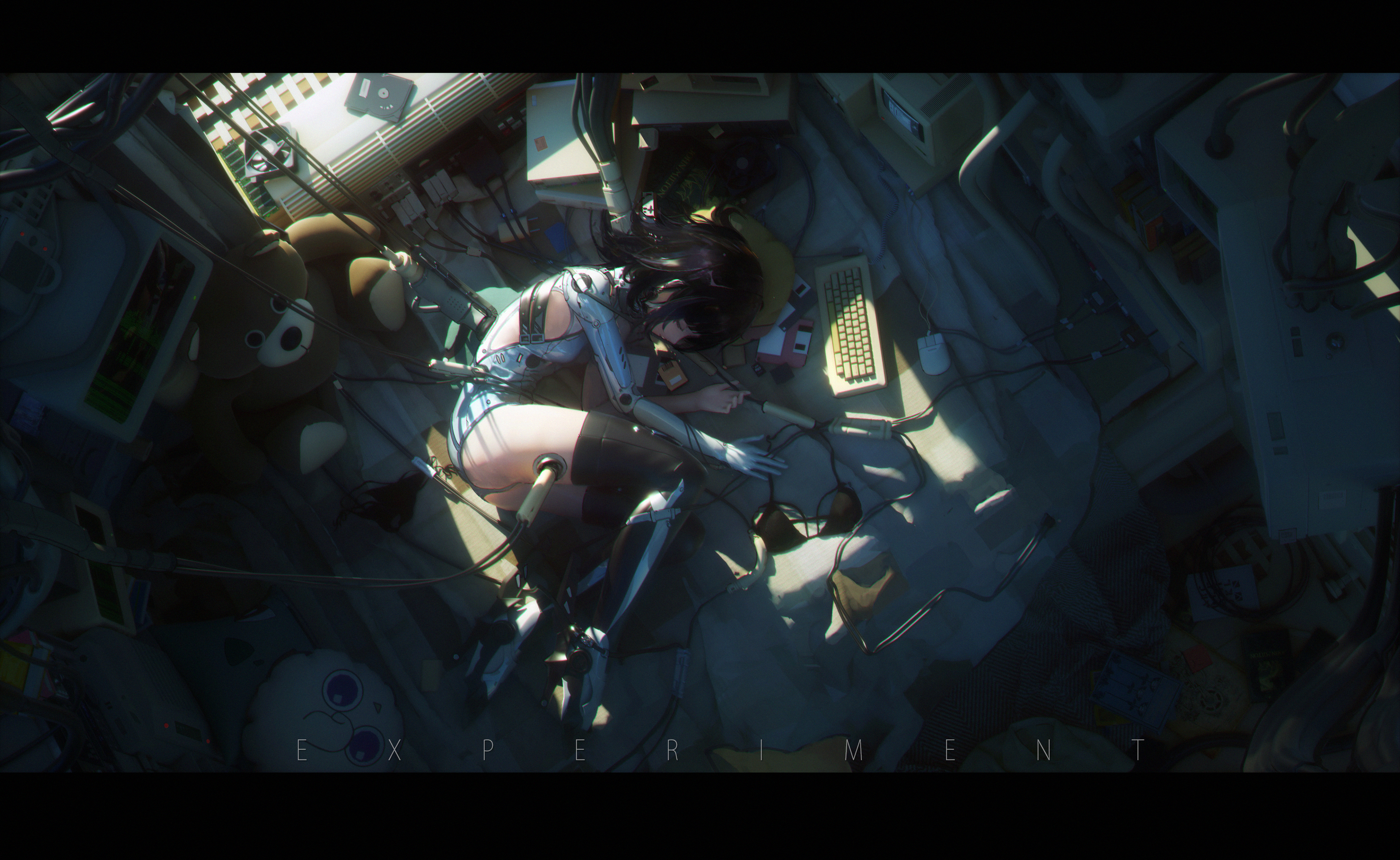 the image is a digital painting depicting a cyborg anime girl lying amidst a chaotic scene of old computer technology and wires. she is positioned on a floor covered with cables and surrounded by various items including a teddy bear and computer peripherals. the overall aesthetic is futuristic yet nostalgic, with a blend of sleek cyborg elements and outdated technology, suggesting a sense of experimentation or abandonment. the lighting creates a contrast between bright spots and dark shadows, adding to the image's moody atmosphere. the scene is viewed from a highangle perspective, giving a comprehensive view of the cluttered setting and the girl's position within it. the word "experiment" is subtly displayed at the bottom of the image.