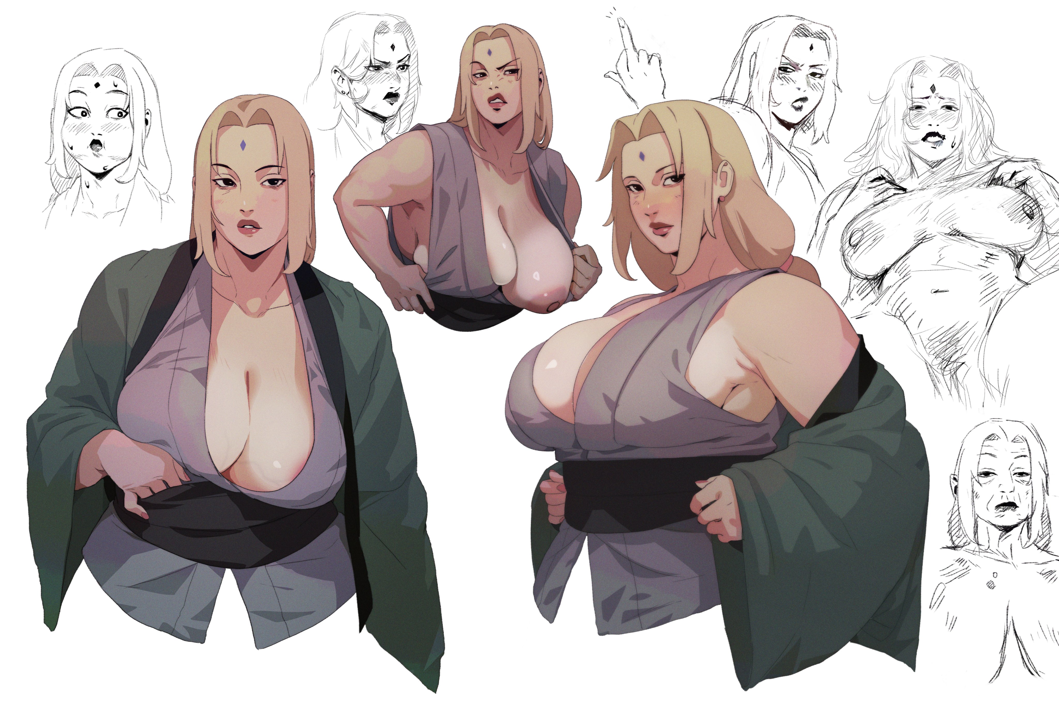 he image is a collection of artwork featuring different depictions of tsunade, a character from the anime and manga series naruto. the artwork varies in style, from fully rendered digital paintings to rougher sketches, showcasing tsunade in various poses and expressions. some images highlight her large breasts, while others focus on her facial features and expressions. the overall style is animeinspired, with exaggerated features and expressive poses. the artwork also includes several sketches showcasing different ages and expressions of tsunade.