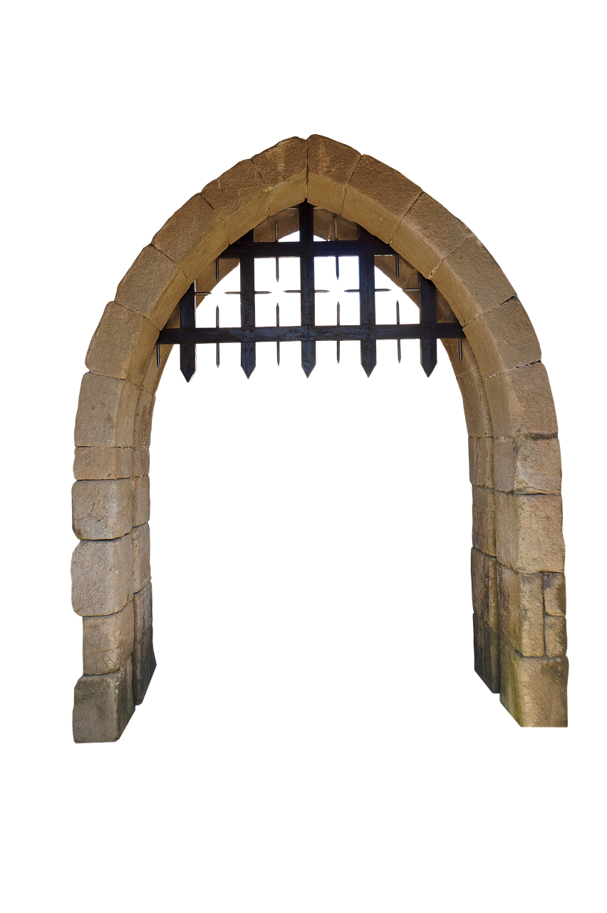 a stone archway with an iron gate against a black background. the archway is constructed from roughhewn stone blocks, and the gate is made of a grid of iron bars with pointed spikes at the bottom.