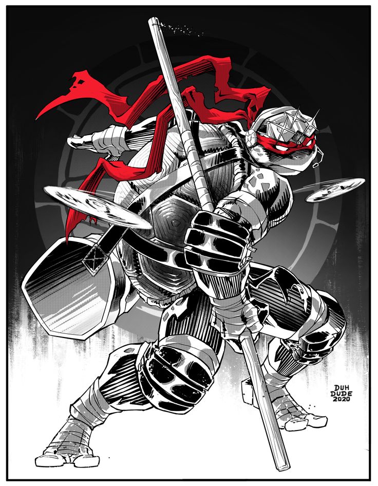 a detailed drawing of a teenage mutant ninja turtle,  in black and white with red highlights, in a fighting pose. he is wielding a bo staff and has his mask on.