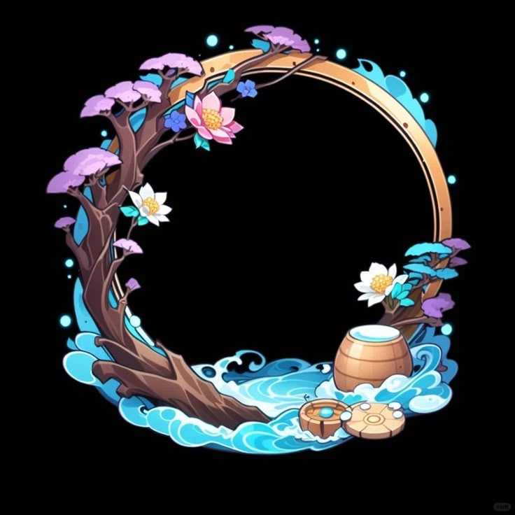 an image of a decorative circular frame with a black background. the frame features a golden ring at the top, and the bottom part of the circle is composed of a brown tree trunk partially submerged in stylized blue water with swirling patterns. the tree has branches with purple and blue leaves, pink and white lotus flowers. a wooden barrel and a pair of round wooden platforms sit among the water and tree branches.