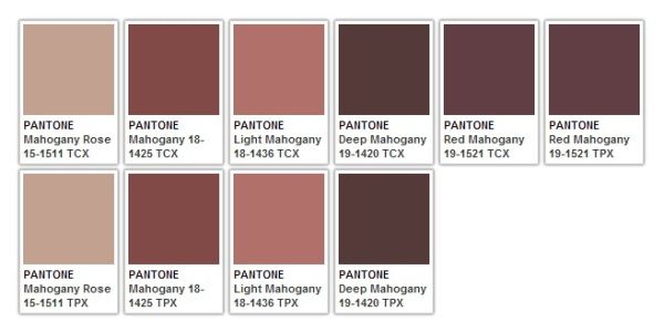 the image shows a collection of pantone color swatches in various shades of mahogany. the swatches include names and corresponding codes such as mahogany rose, mahogany, light mahogany, deep mahogany, and red mahogany, along with their tcx and tpx identifiers. there are two rows of five color swatches.