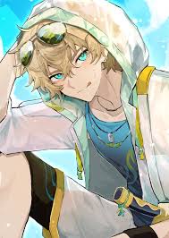 the image shows an animestyle boy with blond hair and striking blue eyes. he's wearing sunglasses atop his head and a casual summer outfit consisting of a light blue shirt and a white hoodie with yellow accents. a necklace adorns his neck. the overall theme suggests a beach setting or summer atmosphere.