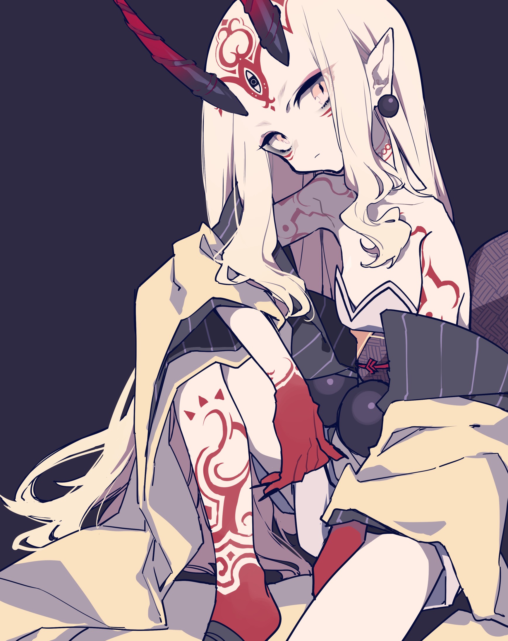 the image features a full shot of a sitting anime girl. she has long, straight, white hair with a curl near her chest. she has a red horn on her head, along with red tattoos on her face, neck, chest, and leg. she is wearing a kimonolike outfit with a black under layer and a tan outer layer. she has pale skin.