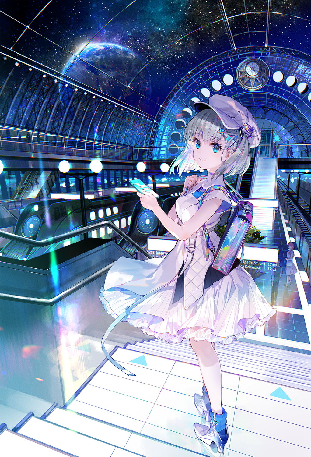 he image is a digital illustration featuring an animestyle girl with white hair and blue eyes. she's dressed in a stylish, futuristic white dress and carrying a holographic backpack. she's standing on a staircase in a futuristic train station or space station, with a large window displaying a view of earth and the night sky filled with stars. the overall aesthetic is a blend of fantasy and science fiction, with a focus on vibrant colors and attention to detail in the design of the clothing, the background, and the character's expression.