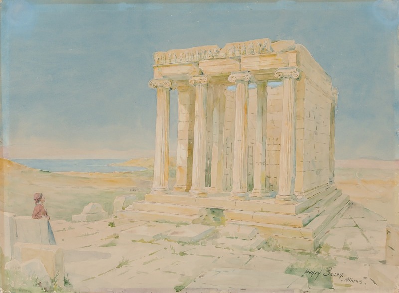 a watercolor painting by henry bacon depicts an ancient temple in athens, greece. the temple is rendered in pale shades of white and yellow, with classical columns and crumbling details. in the foreground, a solitary figure, possibly a woman, stands on a stone platform, gazing towards the temple and the landscape. the landscape features a body of water in the distance, possibly the sea, under a clear blue sky. the painting evokes a sense of history and reflection, capturing the beauty of ancient ruins in a serene setting.