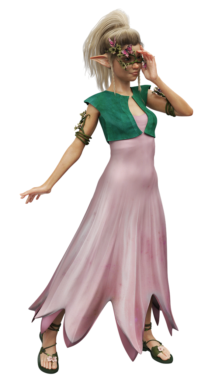 an elf woman stands in a pink petal dress with a green jacket, a floral mask, and green sandals. her blond hair is styled in a ponytail. she has pointed ears and wears flowers on her sandals. her left hand is raised to her face. the background is black.
