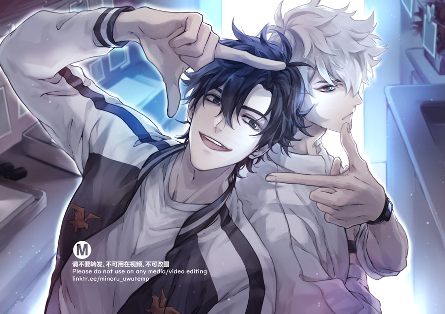 this anime image features two male characters, one with black hair and the other with white hair. they are close to each other, seemingly best friends. both have their arms around each other and are making a heart shape with their fingers. they are both smiling and the image gives off a warm and happy feeling. they are likely lovers.