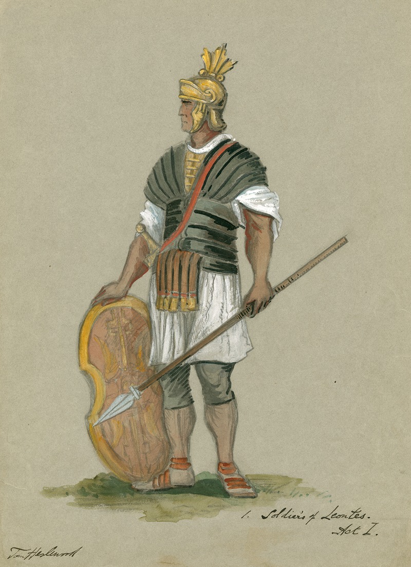 watercolor painting of a roman soldier in armor with a helmet holding a spear and a shield. he is labeled "1. soldiers of leontes. act i."