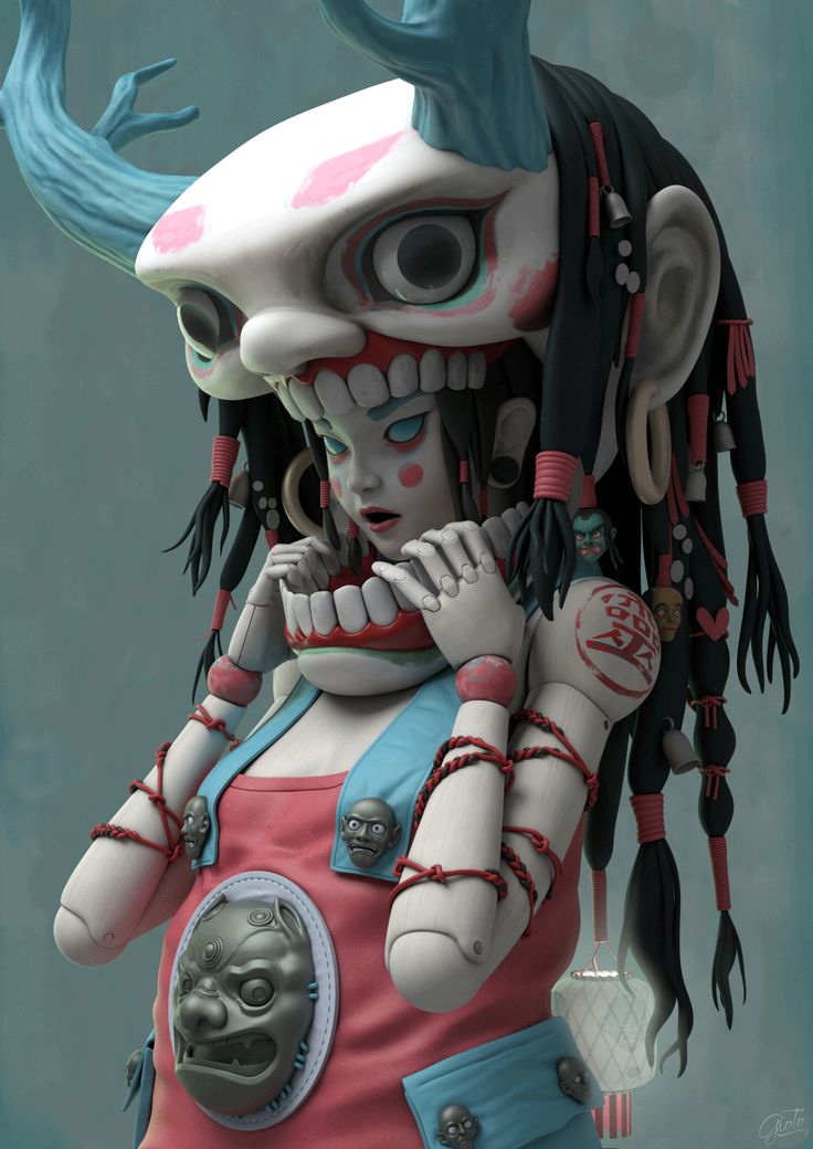 a 3d rendered image of a female character with a demon mask and a traditional japanese aesthetic. the character has long black hair, a white body with red and blue accents, and a large demon mask with sharp teeth and horns. they are holding their hands up to their face, as if in shock or fear.