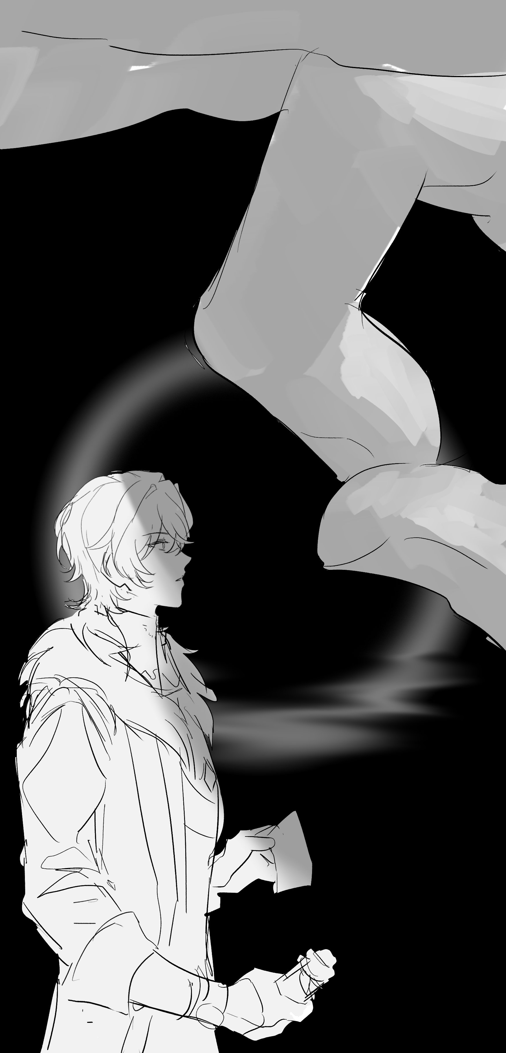 a monochrome illustration of a shadowy figure of a man in a coat, standing in a dark environment. the figure is looking out of the image and is the only source of light in the dark space.