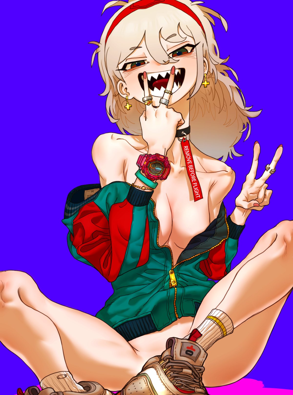 the image is a digital illustration of a young woman with blonde hair.  she is wearing a green and red jacket, white socks, and white sneakers. she is sitting on a pink surface with her legs spread out. she has one hand up in a peace sign and the other hand has her middle finger up. she is smiling with her tongue out, and her teeth are showing.  the background is purple. she is a cartoon character that is stylized in a way that is similar to anime.