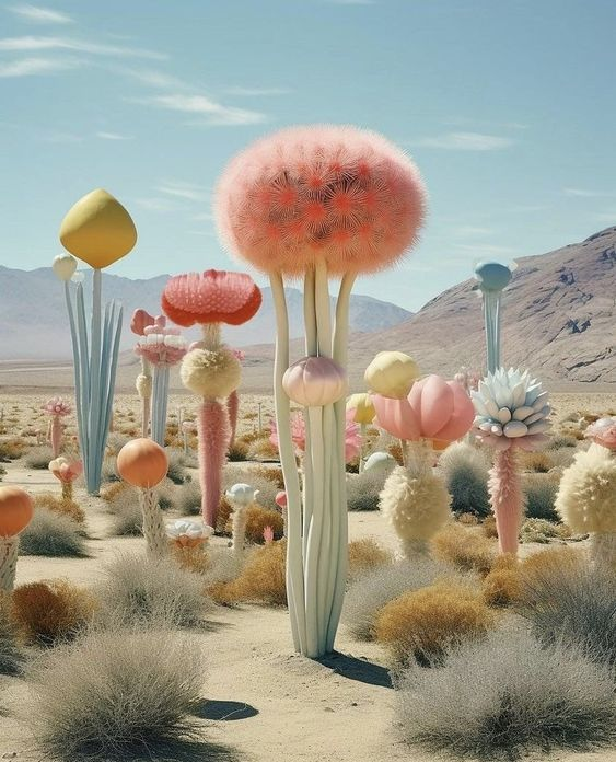 a 3d render of a desert landscape. the scene has many different colorful plants that look like flowers and mushrooms. the color scheme is pastel.