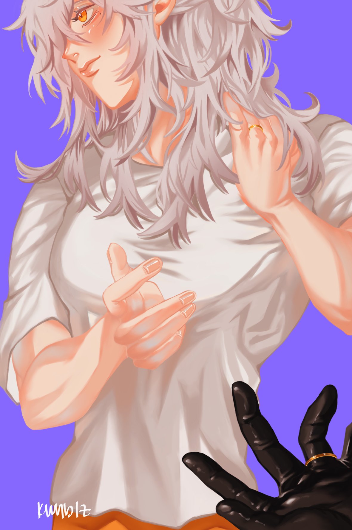 the image features a digital illustration of an anime character. the character is a male with long white hair and wearing a white shirt and orange pants. he is shown from the chest up, with his hand on his shoulder. the character is looking at something offscreen, with a thoughtful expression on his face.  a blackgloved hand is reaching toward him, holding a gold ring. the image is set against a purple background.