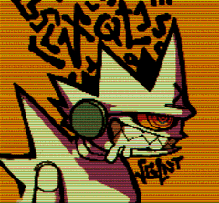 a pixel art drawing of a robot character's head and torso against a yellow background overlaid with black graffiti. the robot has sharp, angular features, glowing red eyes, and wears large headphones. the art style is reminiscent of graffiti and street art, with bold lines and a limited color palette.