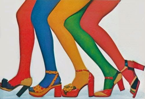 the image depicts five pairs of legs wearing colorful pantyhose and fashionable platform shoes with high heels. the pantyhose colors are red, blue, yellow, green, and red. each pair of shoes is unique in style and color, complementing the pantyhose. the overall aesthetic is vintage and suggests a focus on fashion and style.