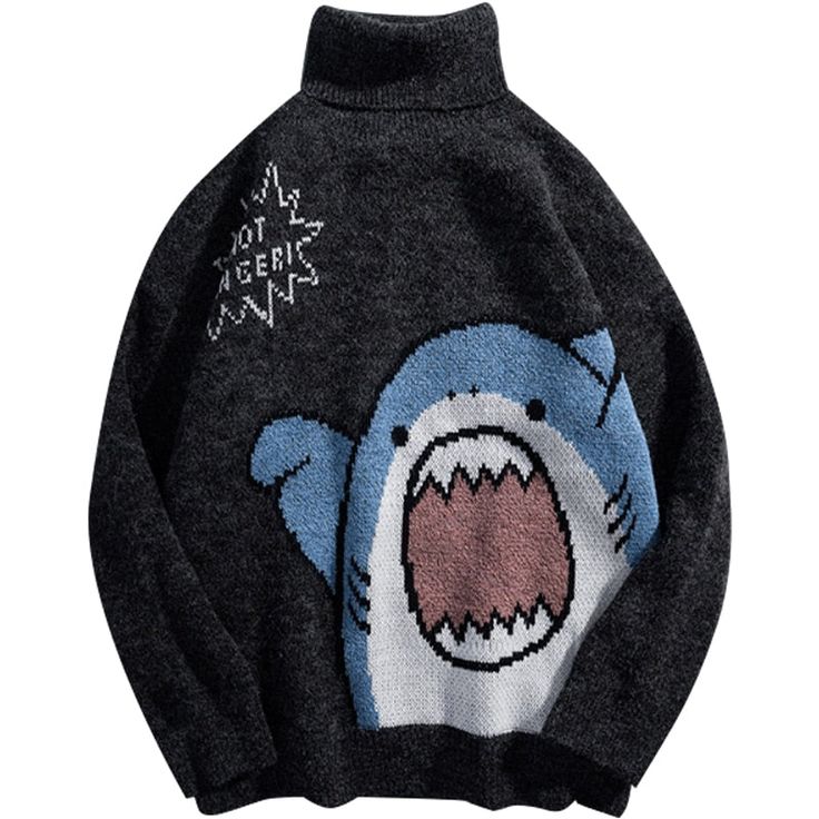 this is a men's grey turtleneck sweater with a cartoon shark print. the shark has blue fins and an open mouth with white teeth. the sweater is oversized and looks very comfortable.