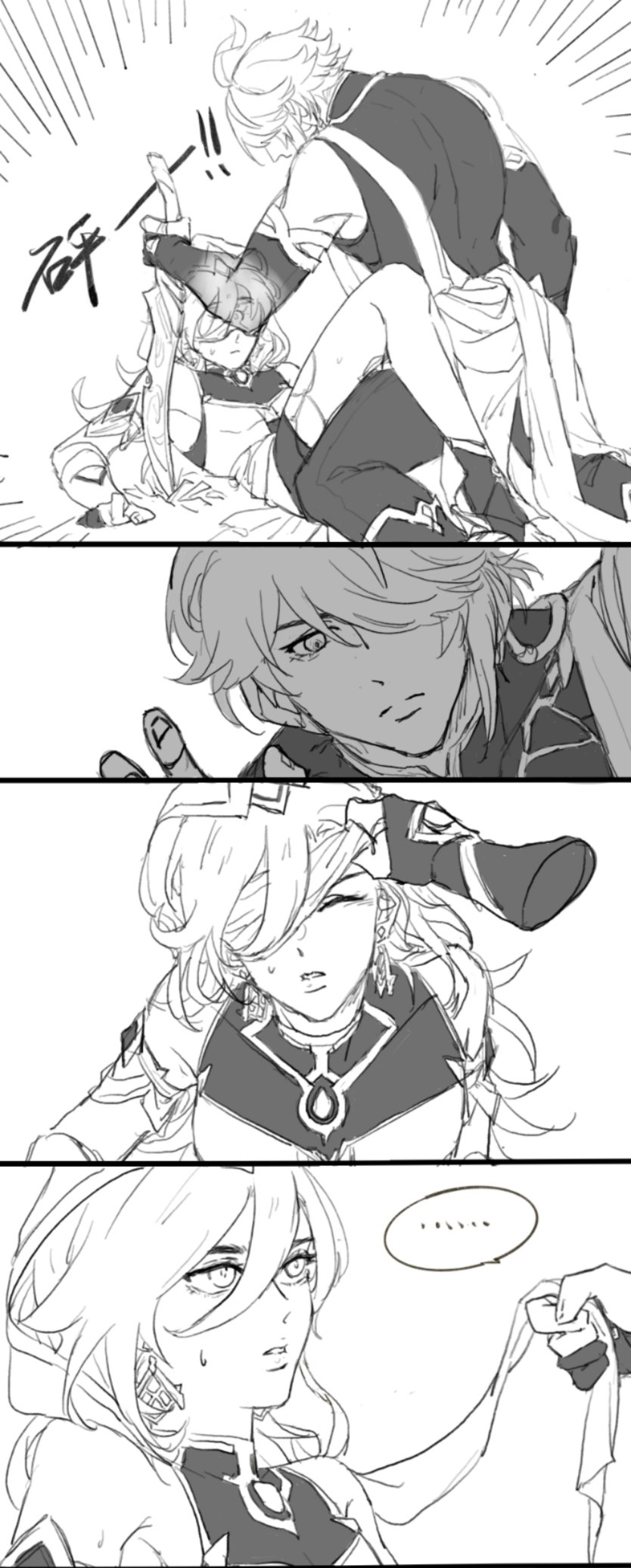 this is a manga style drawing of three women, all with long white hair, in various poses and expressions. the top panel features a blonde woman with a long white dress, reaching towards another blonde woman in a white outfit, and both appear to be surprised. in the middle panel, the first blonde woman from the top panel is grabbing the arm of a woman in a dark dress, with the woman in the dress looking back at the blonde woman with a confused expression. the bottom panel features the woman in the dark dress, now wearing a long white coat, with a small smile on her face. the background of the entire drawing is white. the artwork is in a manga style, with clean lines and a focus on expressive characters.  the three women appear to be involved in a complex relationship and the drawing creates a sense of anticipation for the story.
