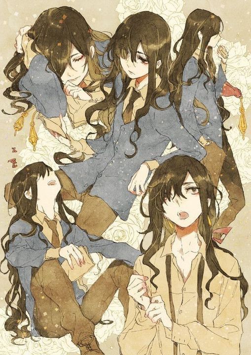 this is a colorful, whimsical, and elegant digital drawing of four female anime characters. they are all dressed in stylish and fashionable outfits. three of the characters have long black hair, one is looking directly at the viewer while the other two are looking to the side.  the forth character in the middle has long brown hair and is looking directly at the viewer. the characters are standing amongst a  background of white flowers that look like roses. the background is also white and has light speckles of grey and gold. the overall tone of the drawing is one of elegance, grace, and sophistication.