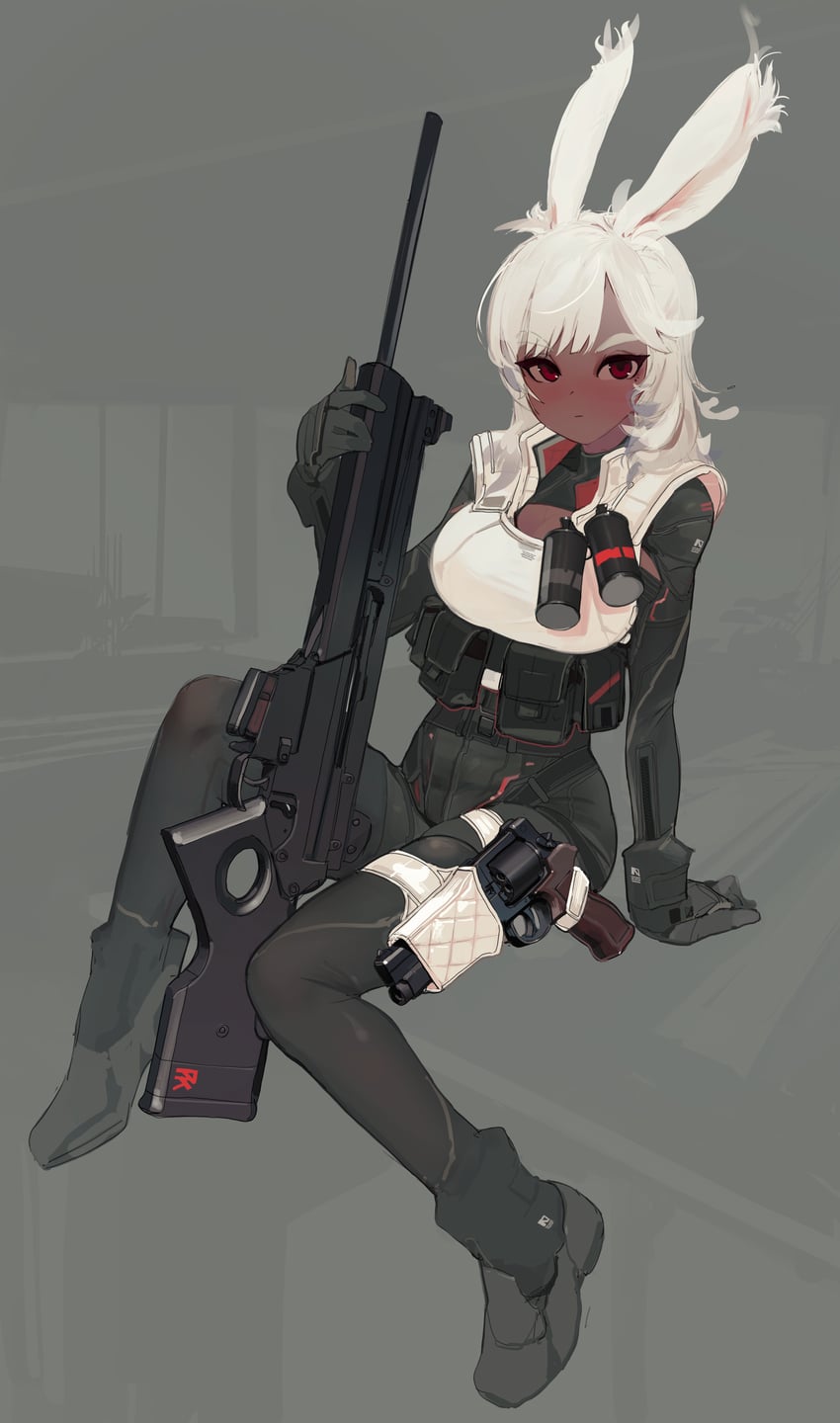 a digital illustration featuring a female character with white rabbit ears dressed in tactical gear, including a vest, holsters, and boots. she is seated in a relaxed pose, holding a large sniper rifle with her right hand and resting her left hand near a pistol on her thigh. the background is a blurry gray, suggesting an indoor environment. her outfit is primarily black and white, with accents of red and gray. the lighting is soft and diffused, creating a sense of depth and atmosphere.