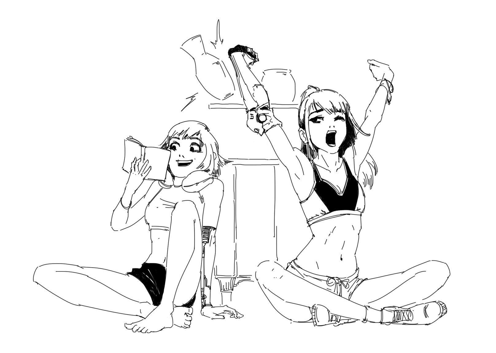 he illustration shows two animestyle girls. one is sitting and reading a book, while the other is stretching and yawning. both are wearing athletic clothing and appear relaxed. the style is simple line art, black and white, with a minimalist approach.  the background is sparse, focusing attention on the two figures. the overall feeling is casual and lighthearted.