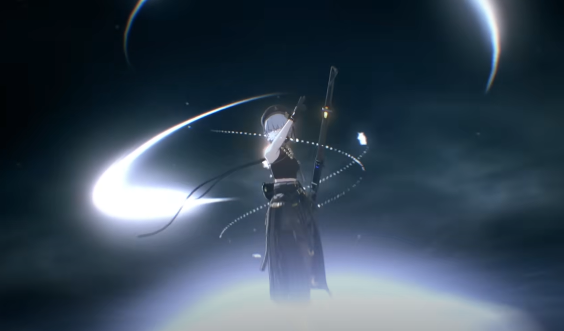 a female anime character with white hair and dressed in a dark, warriorlike outfit stands poised in the air against a dark, cloudy sky. she holds a katana at her side, and trails of white light and energy swirl around her, suggesting movement and power. the lighting is dramatic, focusing on the character and the glowing effects around her. the low angle perspective emphasizes her imposing presence.