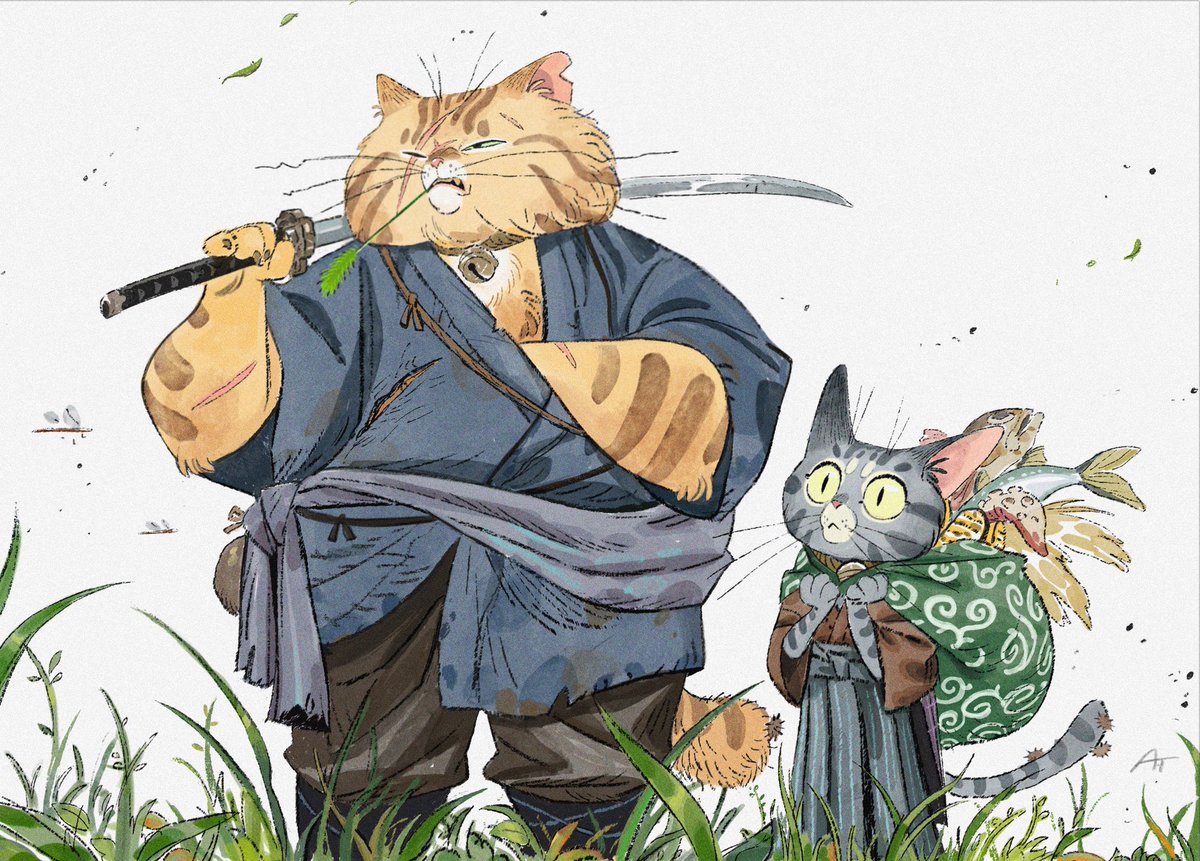 this whimsical illustration depicts two cats in a warriorlike setting.  a larger, orange cat is dressed as a samurai, complete with a sword and a traditional blue kimono. the cat's body is slightly chubby, adding to the comedic nature of the illustration.  a smaller, grey cat walks behind it, carrying a basket of fish on its back.  both cats have an air of determination, giving the image a humorous feel.
