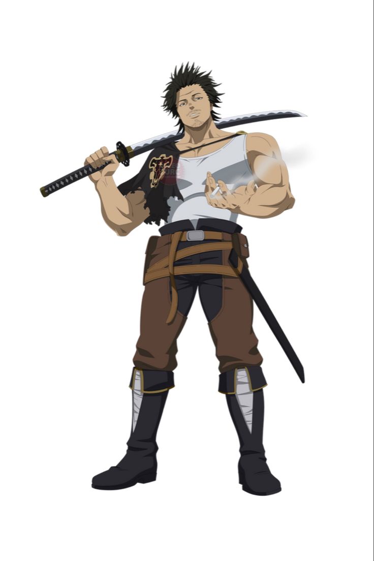 a detailed anime illustration of asta, the protagonist from the black clover series, holding a sword and standing in a powerful pose. he's wearing his trademark black and brown attire with a white tank top and black boots. the background is plain white, allowing the character to be the focal point.