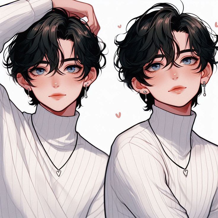 the image showcases two digital illustrations of a charming animestyle boy.  the illustrations are nearly identical, differing only slightly in hair styling.  both depict the boy with short, dark, slightly curly hair, light skin, blue eyes, and a delicate facial structure. he wears a white turtleneck sweater and a simple heartshaped necklace. small earrings adorn his ears. the style is soft and pretty, with pastel and light colors dominating the palette. the background is simple and plain, focusing attention on the characters.  the slight variation in hair positioning suggests possibly two views of the same character or a subtle stylistic difference.