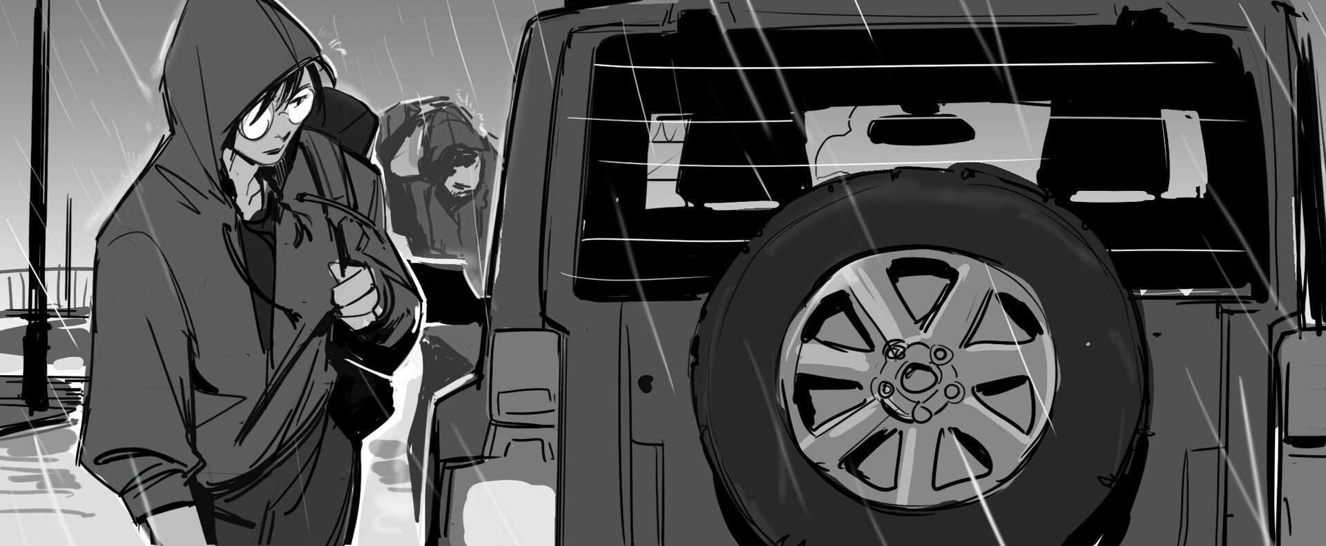 a black and white sketch or storyboard illustration depicting two hooded figures in the rain next to a jeep.  the style is loose and sketchy, suggestive of a scene from a film or animation. the rain is heavily implied by lines and shading. the overall tone is mysterious and suspenseful. one figure is more prominent, while the other is slightly obscured. the jeep's tire is sharply focused, drawing attention to the vehicle.