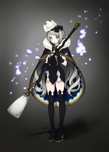 the image features an anime girl with white hair, blue eyes, and a black dress. she is wearing a white cape with gold trim and black gloves. she is holding a white broom and a magic wand. there is sparkling light around her. the background is a dark gray with a subtle pattern of white stars. this is a fantasystyle illustration of a magical girl.