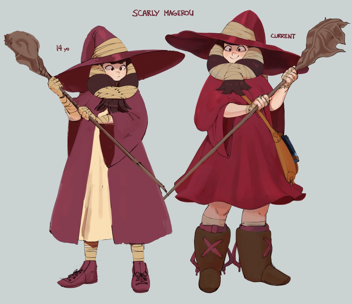 the image depicts two cartoon witch characters, one labeled "scarily magerou" and the other labeled "current." both are wearing pointytoed boots, long red robes, and hats that are slightly different but have a similar shape. the "scarily magerou" witch is holding a broom that looks to be made of twigs, while the "current" witch is holding a broom made of something more solid, possibly wood or metal. the witches are both looking towards the viewer.