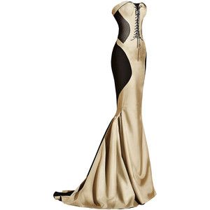 a strapless, floorlength gold gown with black side panels is shown against a white background. the dress has a corsetstyle bodice with laceup detailing in the center. the gold fabric is sleek and shiny, while the black panels create a contrasting silhouette. the dress has a fitted waist and hips before flaring out into a long train.