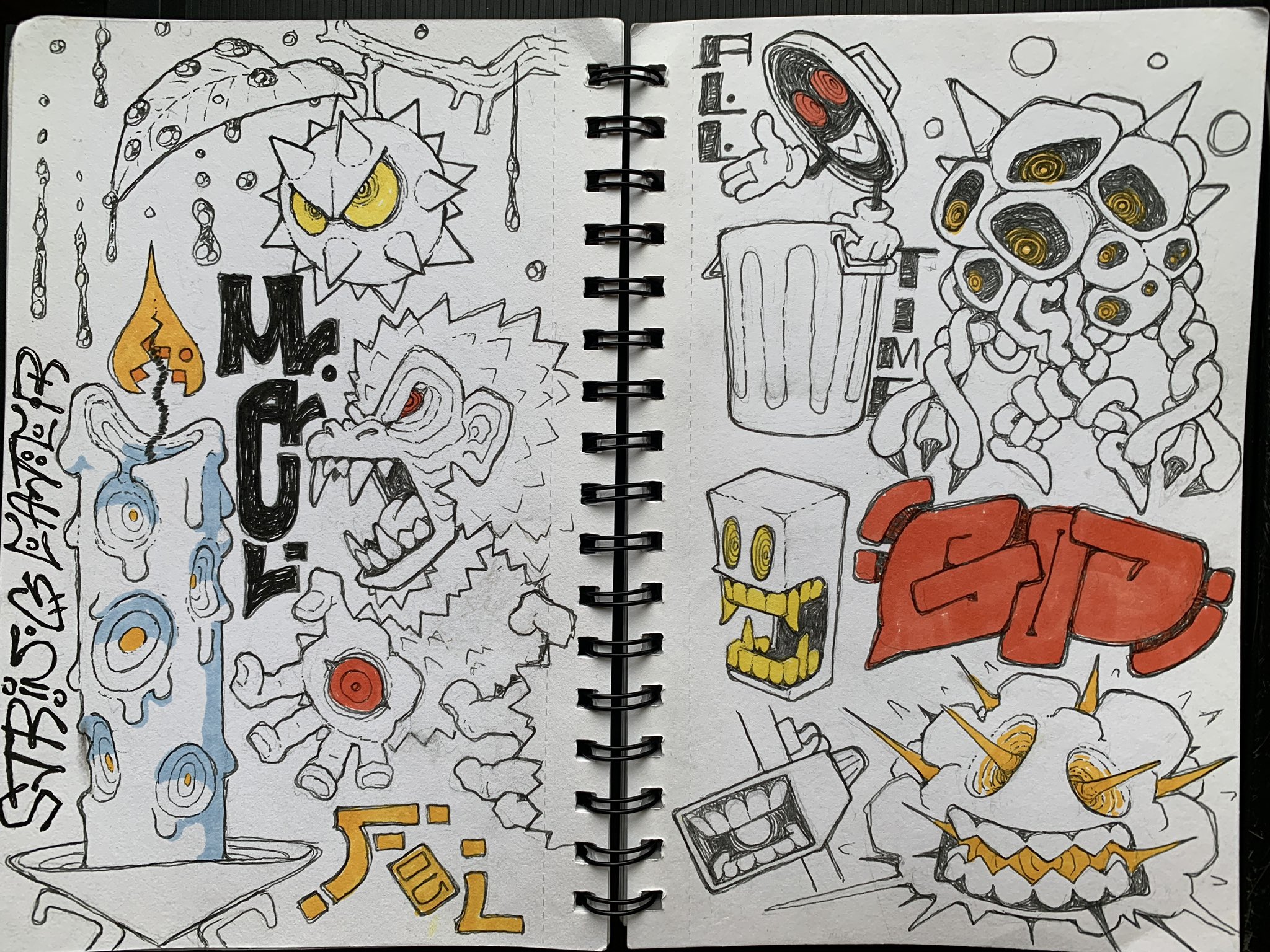 this image shows two pages of a sketchbook open, filled with graffitilike characters and doodles. the drawings are done primarily in black and white, with pops of red and yellow. the characters are whimsical and monstrous, featuring exaggerated features and expressions. there are also some japanese characters incorporated into the drawings.