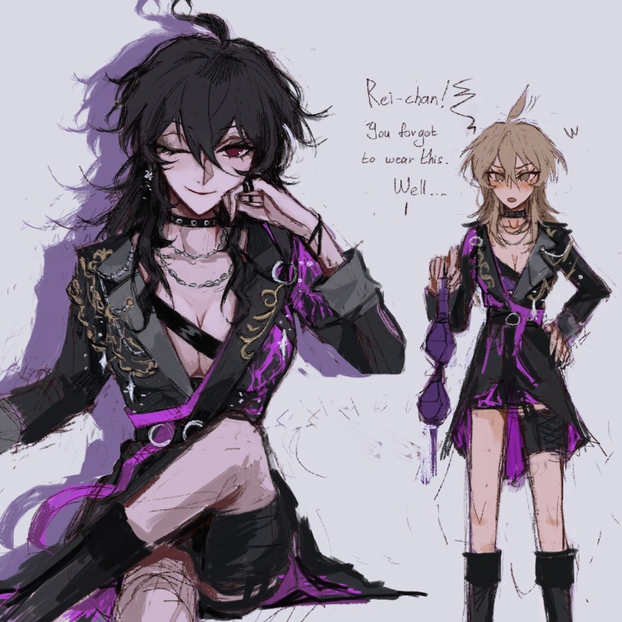 the image is a digital fanart depicting two animestyle female characters.  the main focus is on a character with long dark hair, dressed in a stylish black and purple outfit that includes a jacket with ornate details, a lowcut top, and thighhigh boots.  she's seated and playfully touching her face. a second, shorter blonde character stands beside her, also wearing purple and black clothing and holding a purple bra, implying the first character forgot to put it on. the artwork is sketched in a loose, painterly style with visible brushstrokes. text is included indicating that the blonde character is reminding the first character to wear the bra. the overall style is suggestive of character design for a video game or anime.