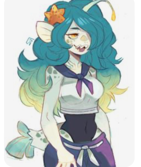 the image is a digital drawing of a mermaid girl wearing a stylized school uniform. she has long flowing bluegreen hair with a yellow gradient and a starfish hair ornament. the character has pale skin with scales and a fish tail with a similar bluegreen pattern. she is wearing a white cropped sailor top with a purple tie, and purple and gray athletic shorts. she has large, expressive eyes and a small, sharptoothed smile. the drawing style is reminiscent of anime and manga, with exaggerated features and soft lighting.