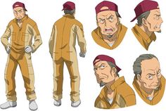 this is a character reference sheet for an adult male anime character. he is wearing an orange jumpsuit with a white shirt and a red baseball cap. he has gray hair and wrinkles around his eyes and mouth. the sheet shows him from different angles, including front, back, side, and closeup on his face.