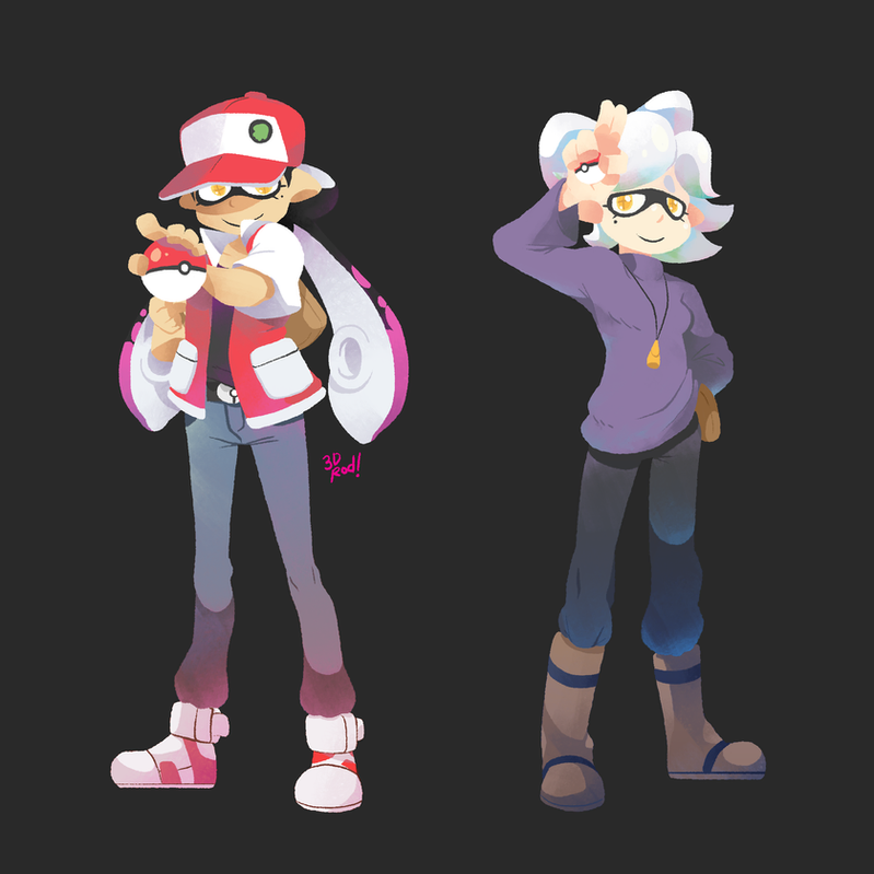 this is a digital illustration of a male and female cartoon character. the male character is an animestyle interpretation of a pokémon trainer, while the female character is an inklng from the game splatoon. both characters have distinct features, like their clothing, hair, and accessories. the image has a vibrant color palette, making it visually appealing. the male character, wearing a red and white outfit, is holding a pokeball, while the female character, with purple hair and a purple sweater, is striking a pose. the background is a dark, almost black, which contrasts sharply with the colorful characters, making them stand out.