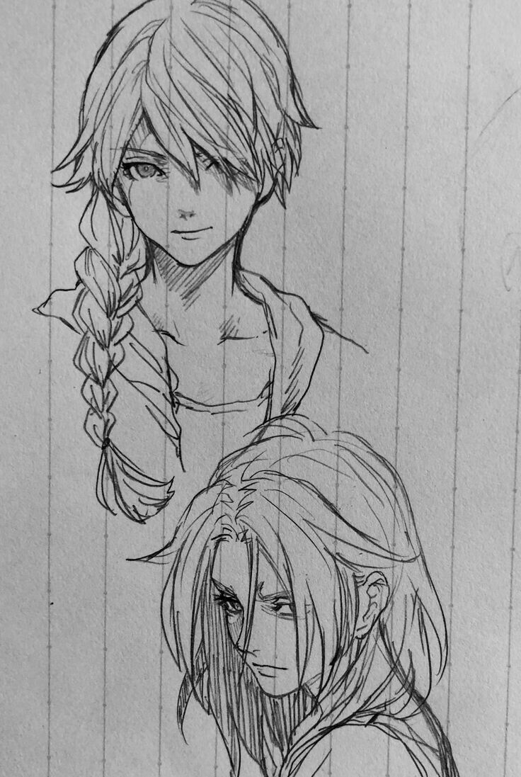 the image shows two black and white sketches of characters, likely anime or manga style, on lined paper. the top sketch is of a person with long hair styled in a braid, with a neutral expression. the bottom sketch is of a person with midlength hair, looking down and to the side with a serious expression. both sketches are done with pen and showcase detailed linework, focusing on facial features and hair.